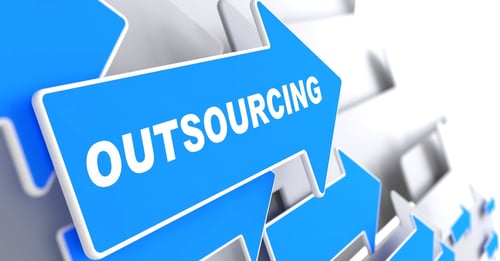 Outsourcing - Business Background. Blue Arrow with Outsourcing Slogan on a Grey Background. 3D Render.