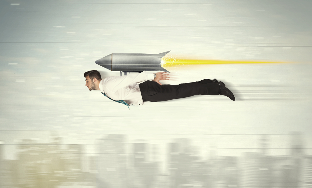 Superhero business man flying with jet pack rocket above the city concept-2